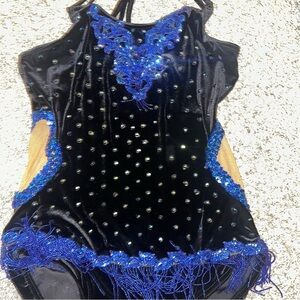 Woman's Ice Figure Skating Baton Twirling Dress Black/Blue Sequin Costume